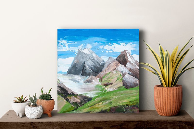 Abstract original mountains painting, blue, green, brown, white colors - ตกแต่งผนัง - อะคริลิค หลากหลายสี