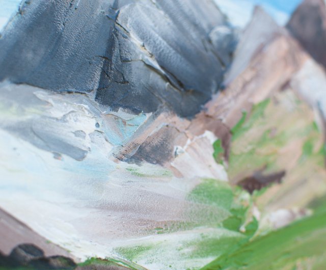 抽象的なオリジナルの山の絵画、青、緑、ブラウン、白の色 - ショップ