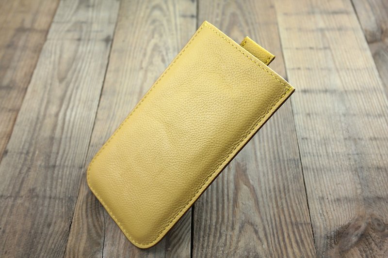 Api handmade ~ mobile phone case ~ pull with soft bag ~ lychee yellow ~ iphone 8 plus / XR / Xs Max - เคส/ซองมือถือ - หนังแท้ สีเหลือง