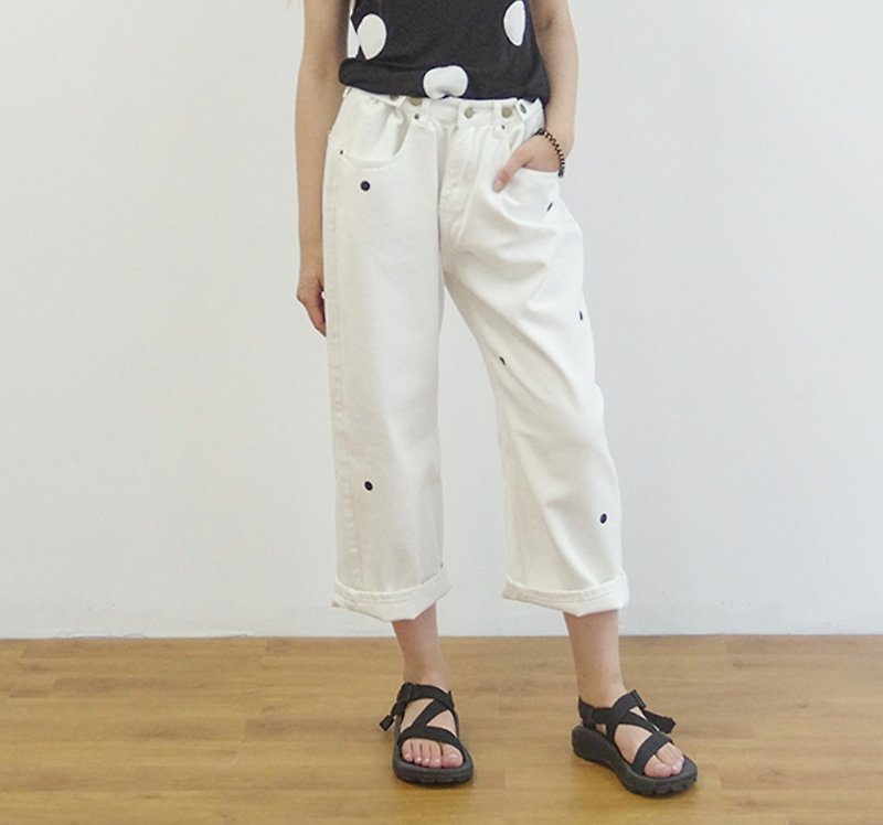 Black dot white cropped trousers adjustable head - imakokoni - กางเกงขายาว - ผ้าฝ้าย/ผ้าลินิน สีน้ำเงิน