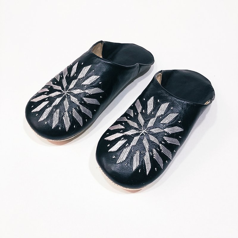 【Babouche】Obsidian - Round / Morocco - รองเท้าแตะในบ้าน - หนังแท้ สีดำ