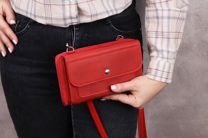 Red shoulder bag with hand strap / Women leather crossbody bag