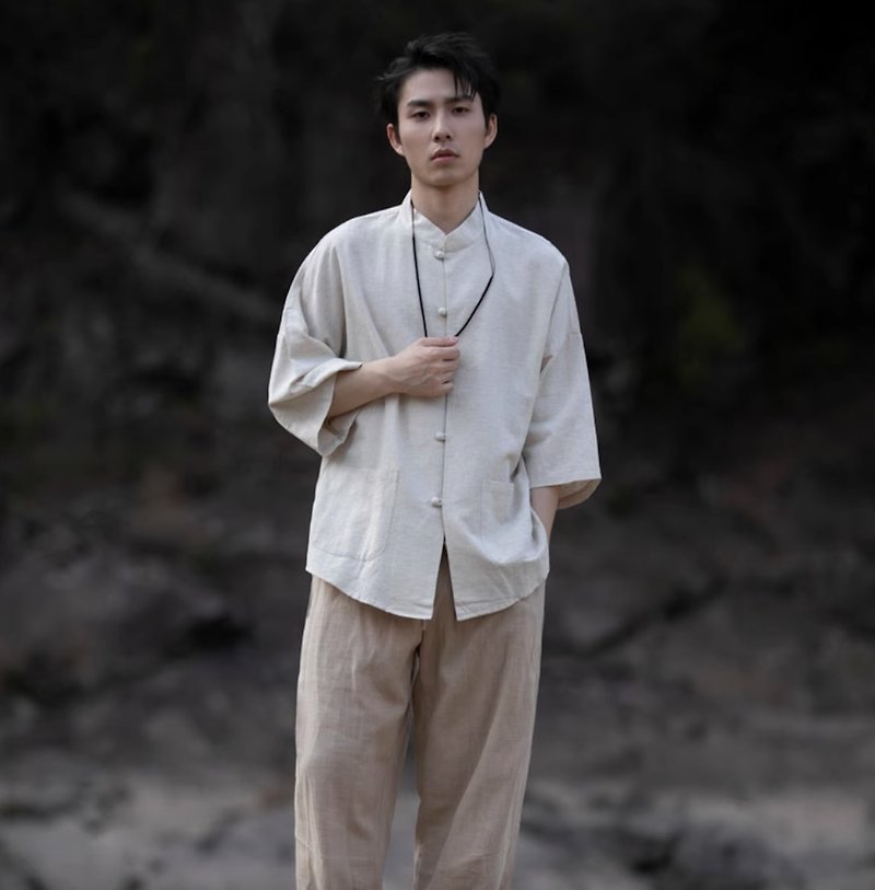 Chinese minimalist linen shirt Tang suit - เสื้อยืดผู้ชาย - วัสดุอื่นๆ หลากหลายสี