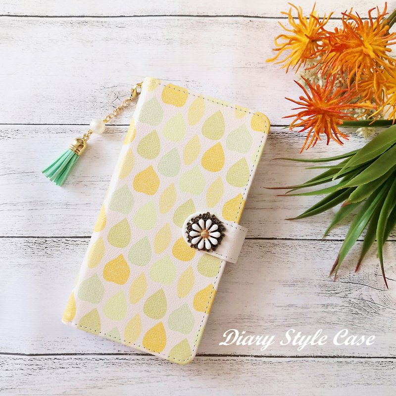 Drop Pattern Smartphone Case Notebook Type Case iPhone Android Compatible with almost all models iPhone 14 iPhone 12 Xperia 10 IV - เคส/ซองมือถือ - หนังเทียม สีเหลือง