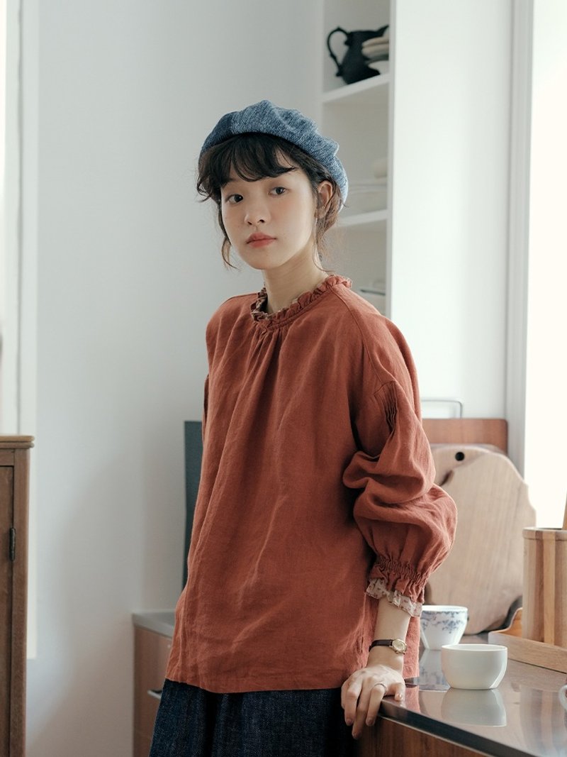 紅色日系穿搭雙層荷葉領襯衫長袖 寬松亞麻 秋 - 女上衣/長袖上衣 - 棉．麻 多色