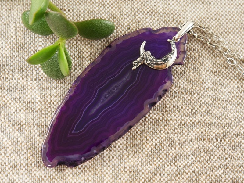 Purple Agate Slice Necklace Ultraviolet Agate Slab Moon Pendant Necklace Jewelry - 項鍊 - 半寶石 紫色
