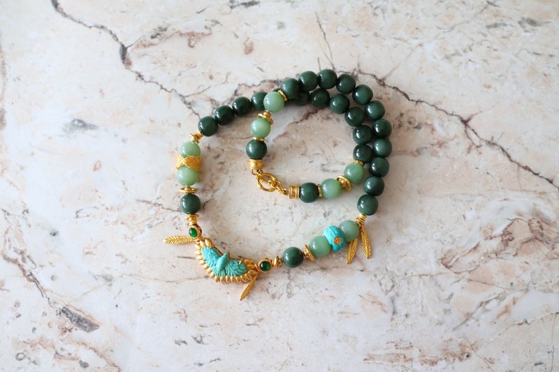 Journal-鷹羽(和田玉)祖母綠色碧玉貓眼瓷藍x藍松石鷹999足金手串 - 項鍊 - 寶石 