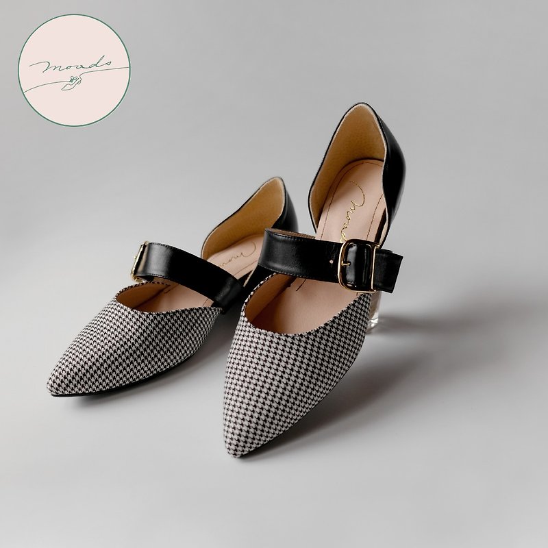 Scottish Houndstooth | Modern Black. Taiwan handmade wide-last leather air-cushion shoes - รองเท้าส้นสูง - หนังแท้ สีดำ