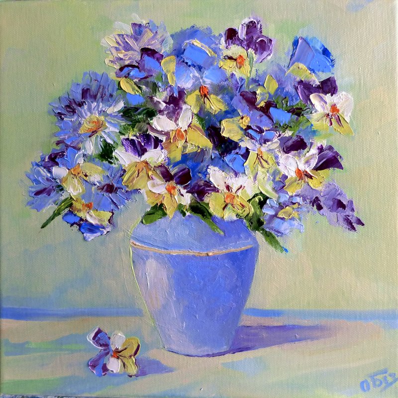 Flowers violets oil painting on canvas - original pansies art - floral painting - โปสเตอร์ - ผ้าฝ้าย/ผ้าลินิน สีม่วง