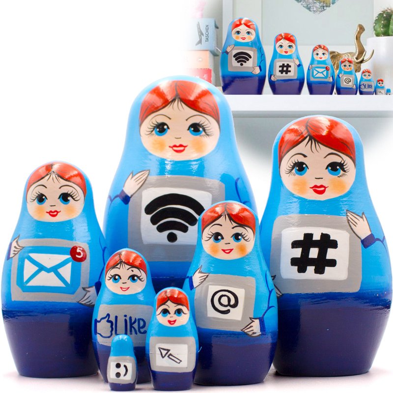 Blue Nesting Dolls Set 7 pcs - Unusual Matryoshka Dolls - Handmade Russian Dolls - 寶寶/兒童玩具/玩偶 - 木頭 藍色