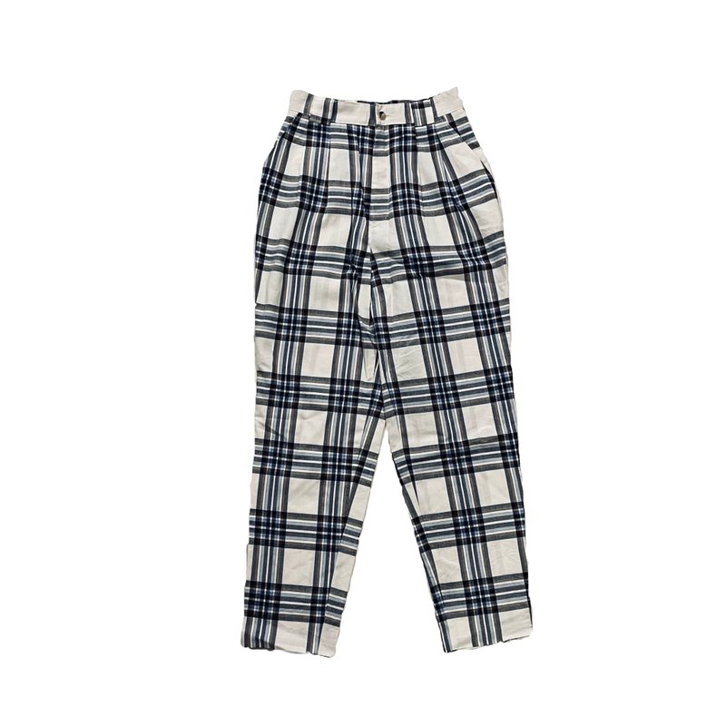 • 愛頭牌 •Vintage Japan Plaid Pants 古著日本格紋褲 - 女長褲 - 棉．麻 白色