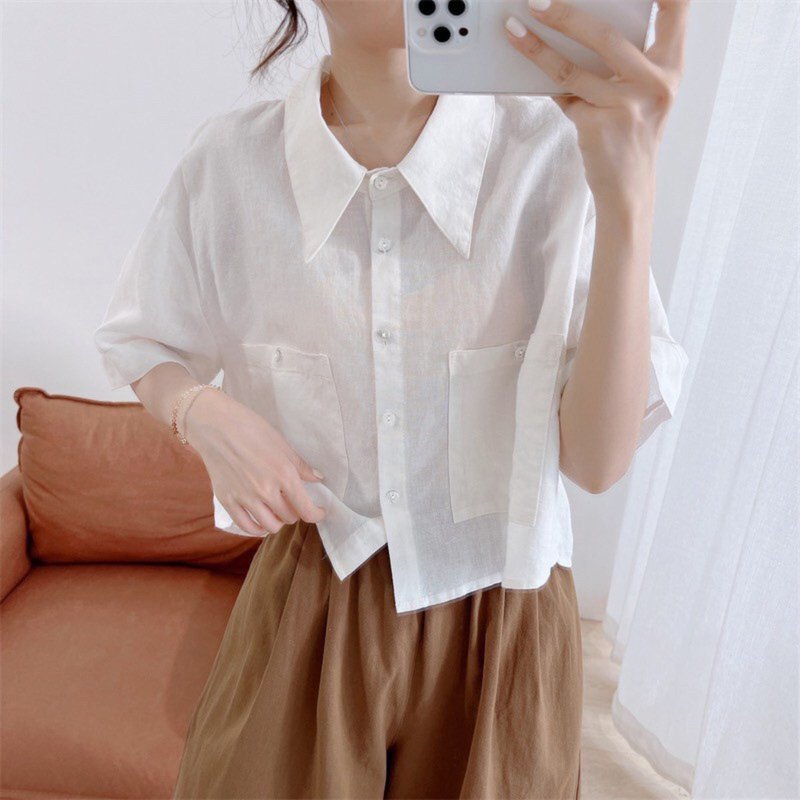 Oversized cotton shirt, short sleeves, square collar, handmade, minimalist. - 女襯衫 - 棉．麻 多色