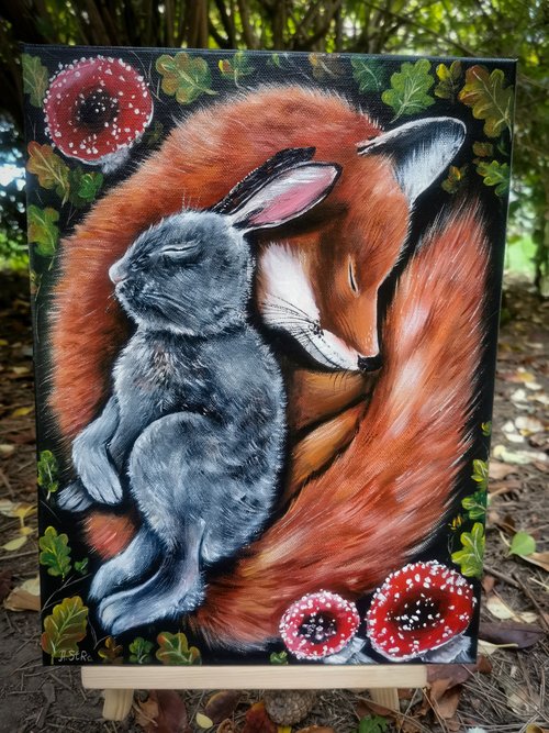 【うさぎの王様】【豪華額縁付き】油絵 100×100㎜ 正方形ミニ額絵「うさぎ」 | atelier るんと