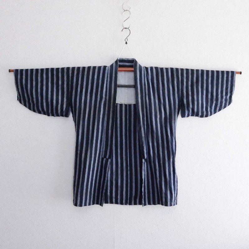 和服夾克農民工作服棉質和服條紋圖案翻製材料日本復古昭和 - 女大衣/外套 - 棉．麻 藍色