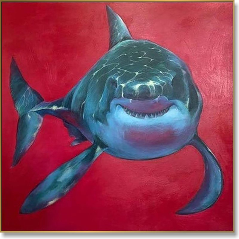 Original Shark Painting Modern Shark Painting Figurative Painting Contemporary - 壁貼/牆壁裝飾 - 壓克力 紅色