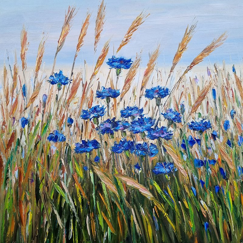 Wildflowers Cornflower oil painting Original Art Floral on Canvas - Wall Décor - Cotton & Hemp Blue