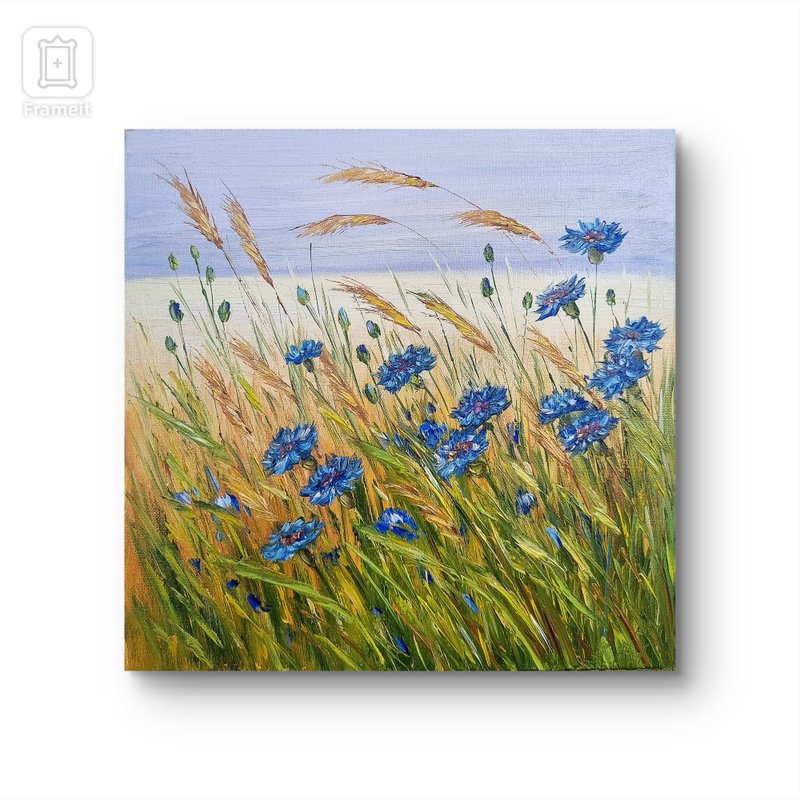 Wildflowers Cornflower oil painting Original Art Floral on Canvas - 壁貼/牆壁裝飾 - 棉．麻 藍色