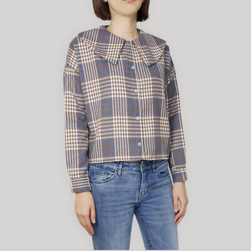 Grey and Blue Brushed Check Shirt - Women's Shirts - Cotton & Hemp Multicolor