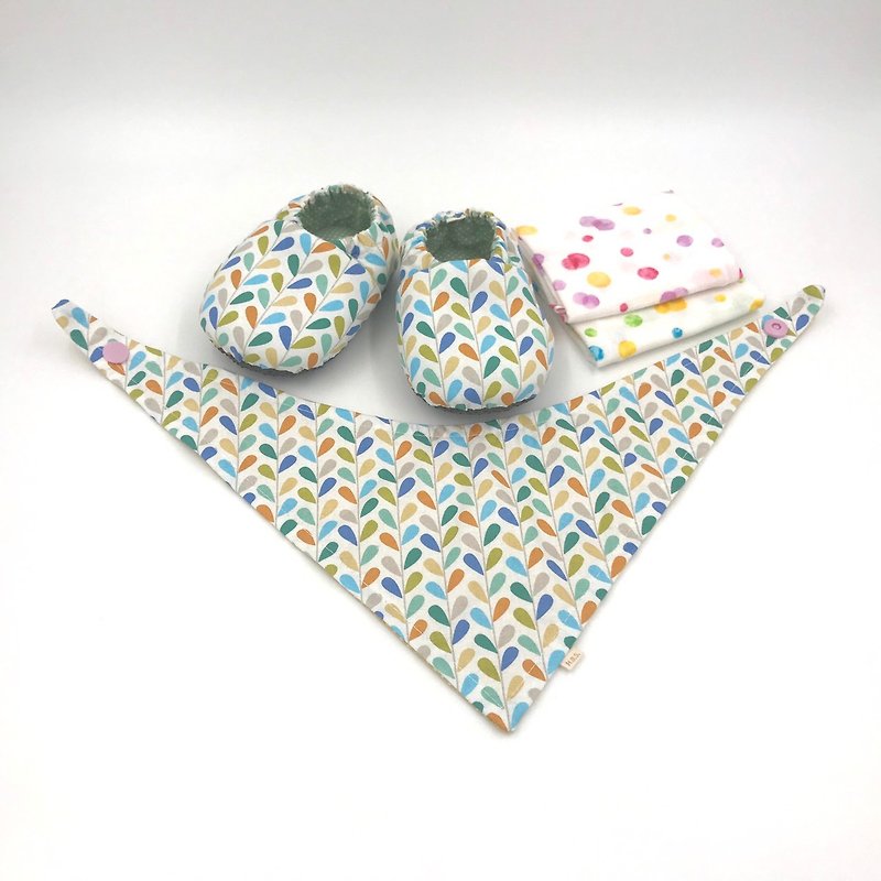 幾何水珠-彌月寶寶禮盒(學步鞋/寶寶鞋/嬰兒鞋+2手帕+領巾) - 滿月禮物 - 棉．麻 綠色