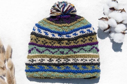 omhandmade 手工編織純羊毛帽/編織帽/針織毛帽/內刷毛手織毛帽-北歐迷幻森林