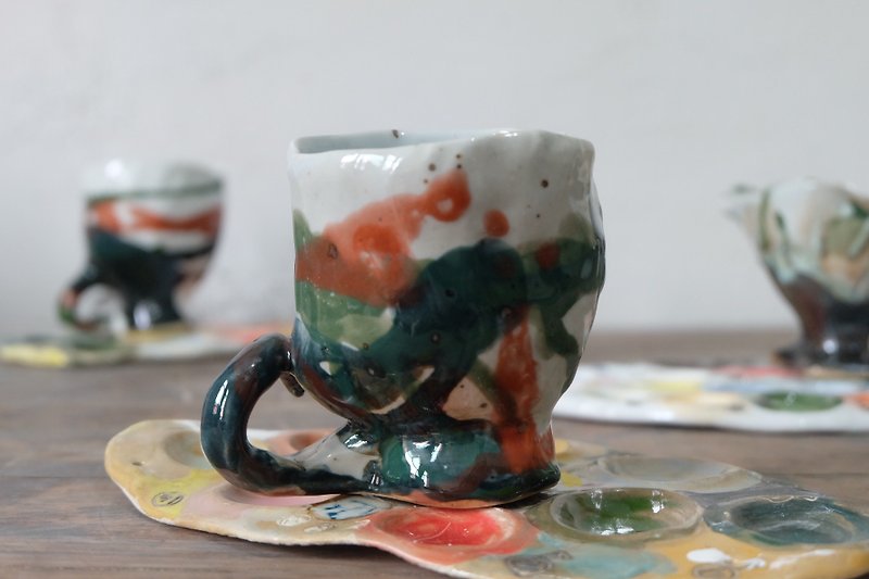 Hand painted ceramic coffee cup Cosmic cat  mug milk cup | New Year gift - แก้วมัค/แก้วกาแฟ - ดินเผา สีเขียว