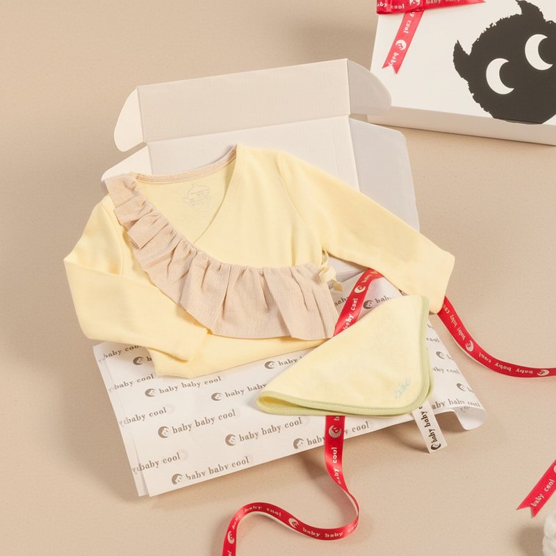 客製化姓名 彌月禮盒 新生兒禮物 全開綁帶荷葉包屁衣 日本有機棉 - 包屁衣/連身衣 - 棉．麻 黃色