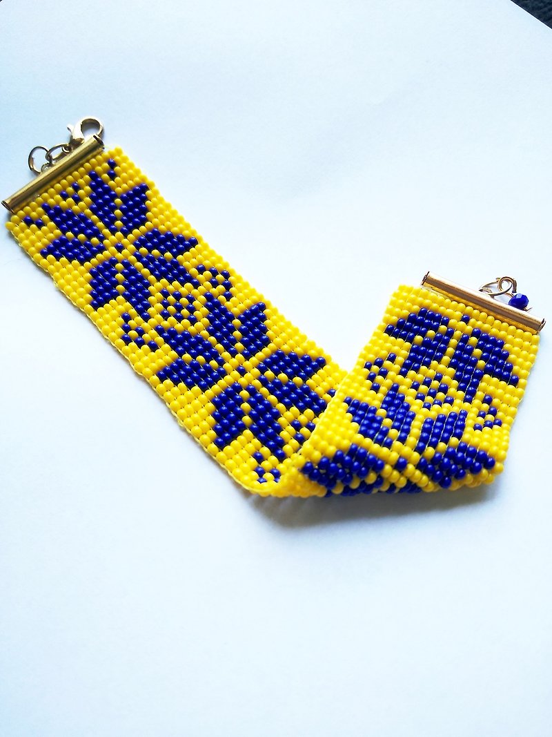 藍色黃色花朵烏克蘭國旗珠子手鍊手工飾品女士禮物 - 手鍊/手環 - 玻璃 