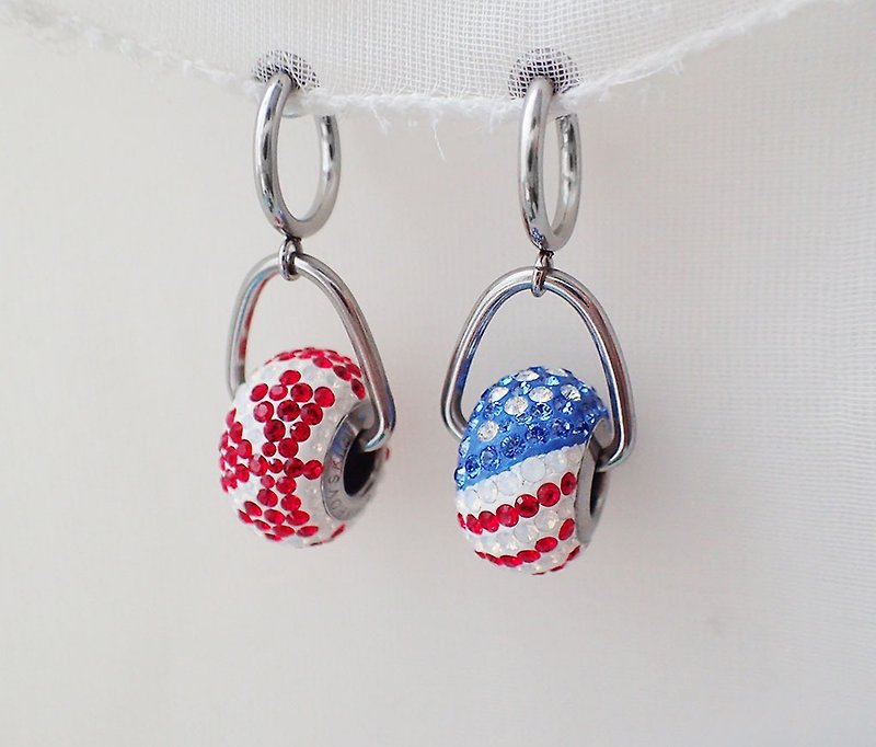 美國&加拿大國旗 潘朵拉珠 & 不鏽鋼 耳圈夾耳環(一對) - 耳環/耳夾 - 玻璃 紅色