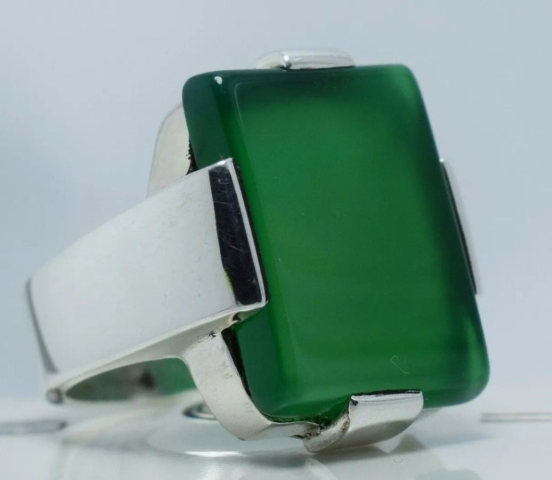 Natural Dark Green Yemeni Aqeeq Ring Agate 925 Sterling Silver Ring Shia Rings - แหวนทั่วไป - เครื่องเพชรพลอย สีเขียว