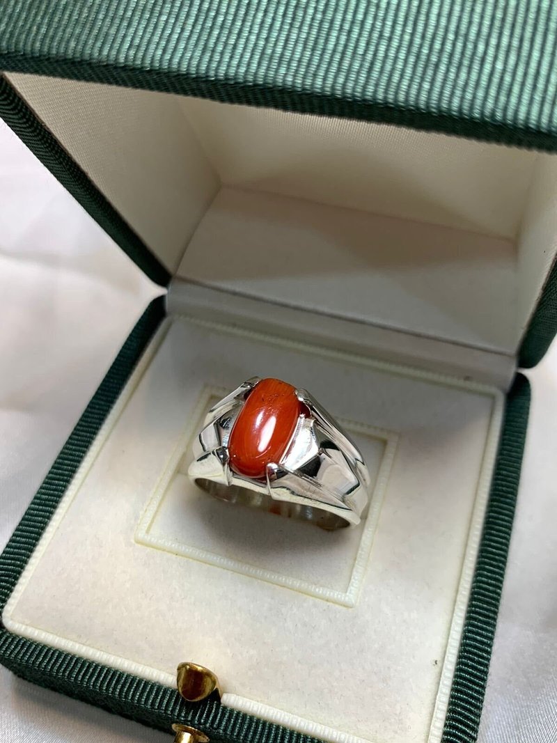 Natural Mens Red Coral Ring Sterling Silver 925 Handmade Ring High Quality Coral - 戒指 - 寶石 紅色