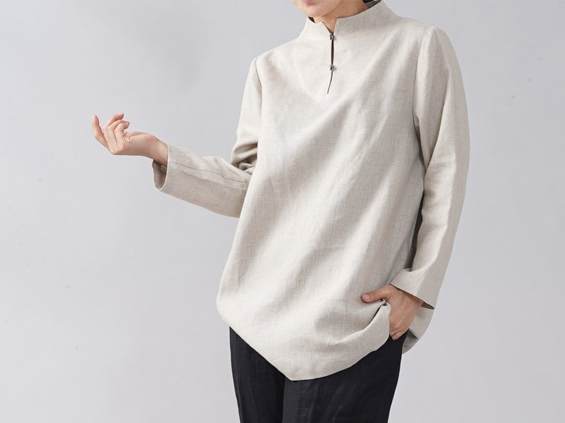 wafu - 中厚 リネン ボトルネックブラウス シノワズリ リネンブラウス リネントップス / 亜麻ナチュラル t007a-amn2 - 女上衣/長袖上衣 - 亞麻 卡其色