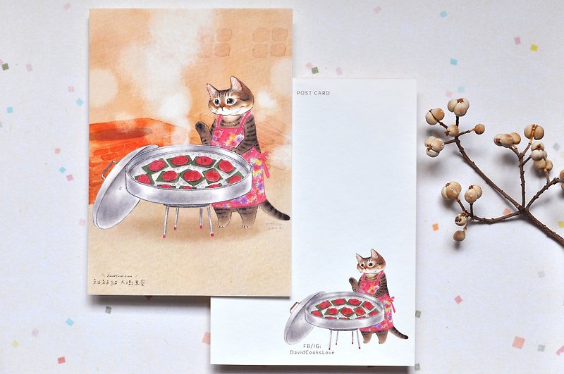 貓咪插畫明信片-紅龜粿虎斑貓 - 心意卡/卡片 - 紙 橘色