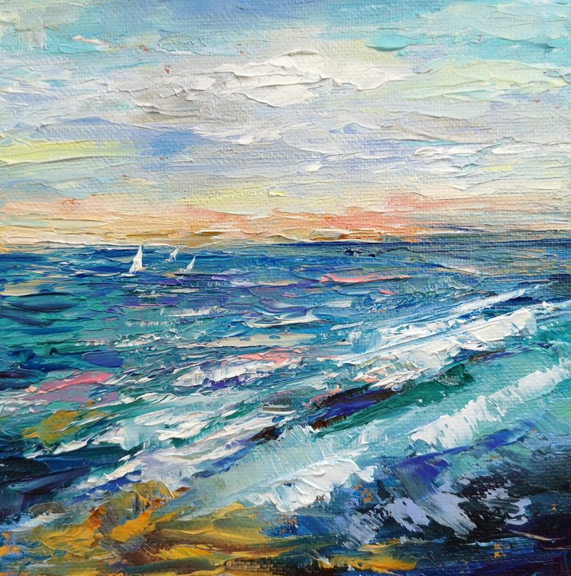 Seascape Painting  Abstract Original Art on Canvas 15x15 cm. - 海報/掛畫 - 棉．麻 