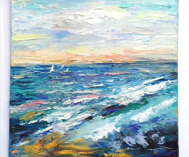 Swim 油絵 oil painting 絵画 原画 abstract Seascape Painting Abstract Original Art on Canvas 15x15 cm