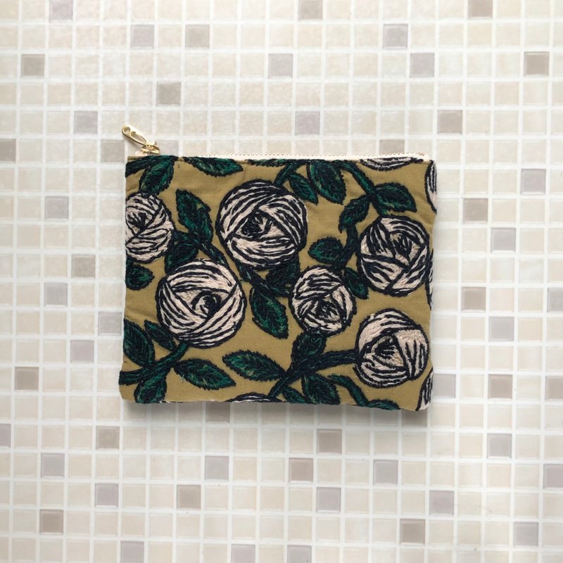 mina perhonen rosy handmade rose pattern pouch small khaki rose - Toiletry Bags & Pouches - Cotton & Hemp Khaki