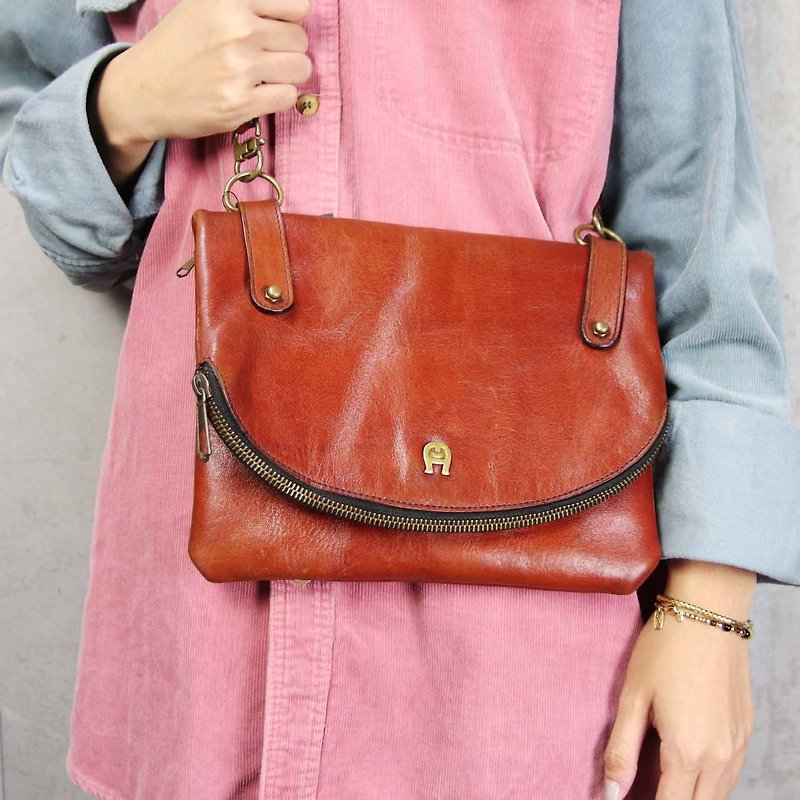 Tsubasa.Y Antique House AIGNER bag 002, leather antique bag side backpack Aigner - Messenger Bags & Sling Bags - Genuine Leather 