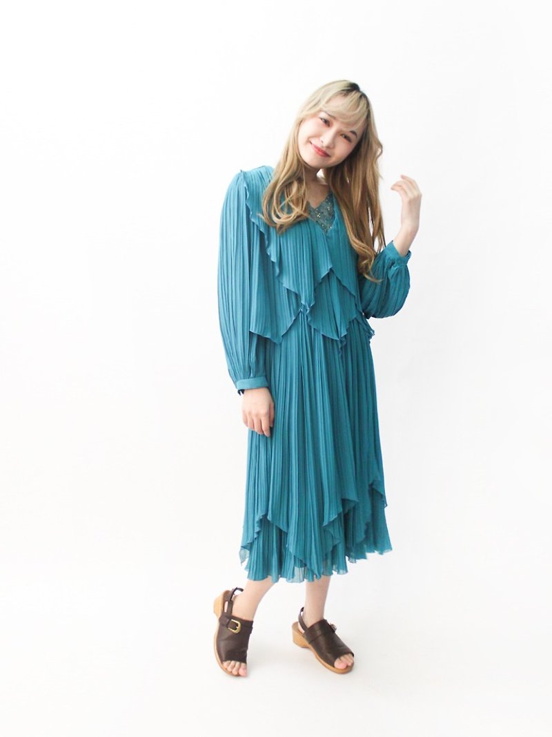 【RE0809D1322】夏日本製80s復古浮誇多層次藍綠色長袖古著洋裝 - 洋裝/連身裙 - 聚酯纖維 藍色