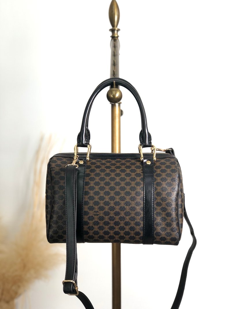 【 日本直送　名牌中古包 】CELINE セリーヌ マカダム ボストンバッグ ブラック PVCレザー vintage ヴィンテージ オールド 5umhds - 手提包/手提袋 - 防水材質 黑色