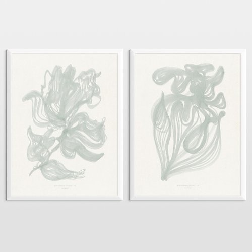 daashart 即時下載 2 套印刷品 抽象淺綠色花卉海報 Japandi art