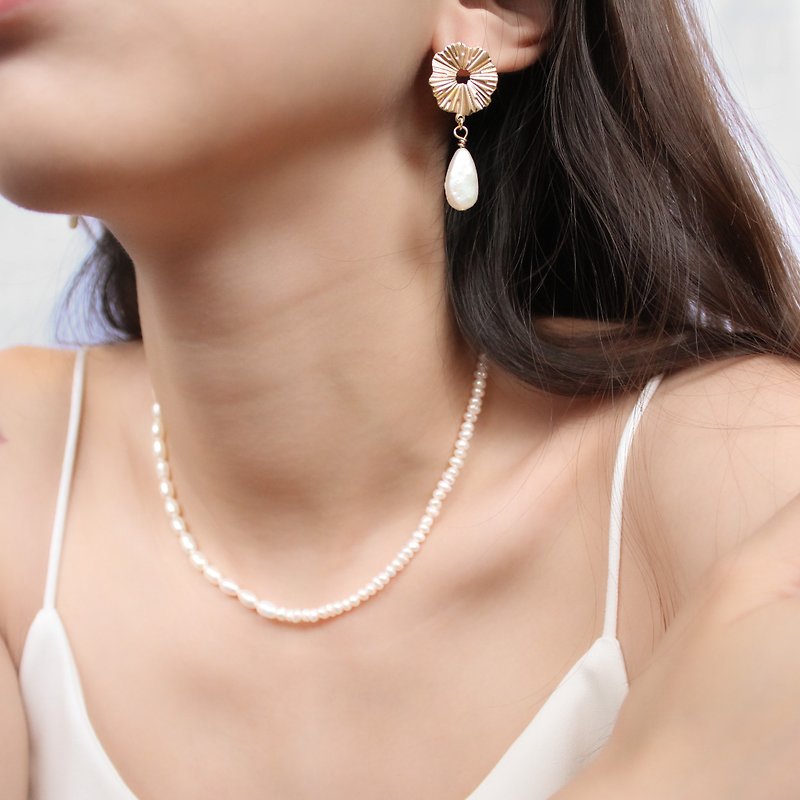 晨光 - 天然淡水珍珠鍍 14k 金耳環 - 耳環/耳夾 - 珍珠 白色