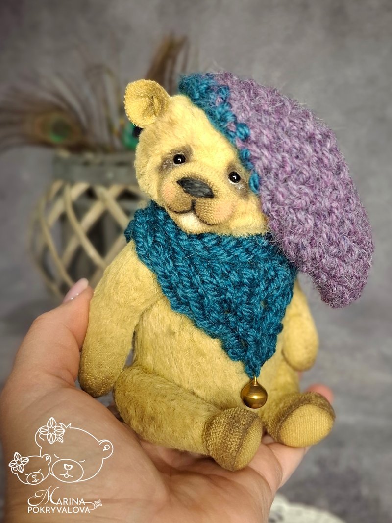 Miniature bear Handmade teddy bear Dressed bear New year gift - ตุ๊กตา - วัสดุอื่นๆ สีนำ้ตาล