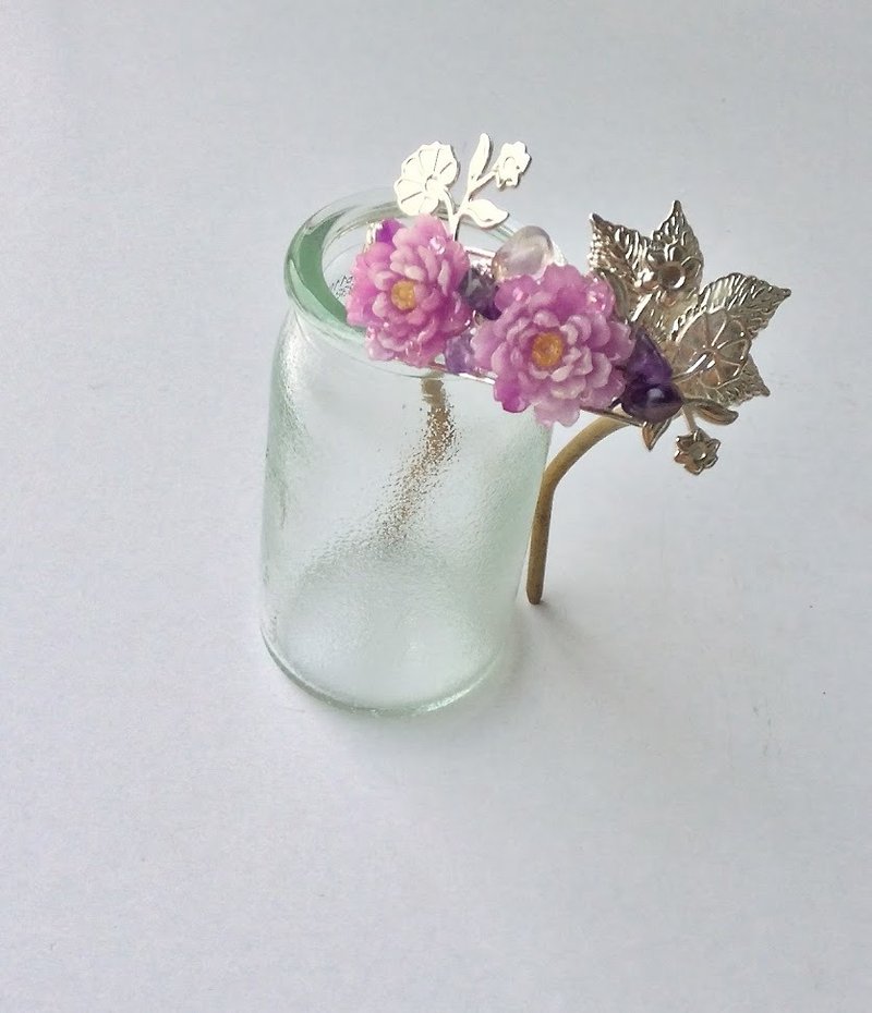 Hand-made ~ meow big flower hairpin U-shaped resin (purple) - เครื่องประดับผม - วัสดุอื่นๆ สีม่วง