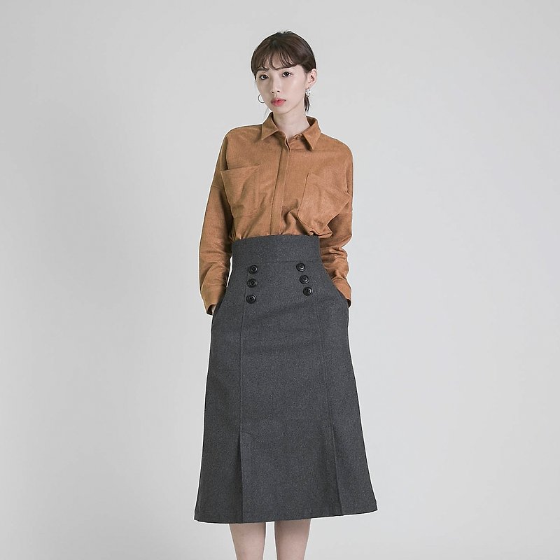 Bystander_bystander high waist slit wool skirt _8AF235_ gray - Skirts - Wool Gray
