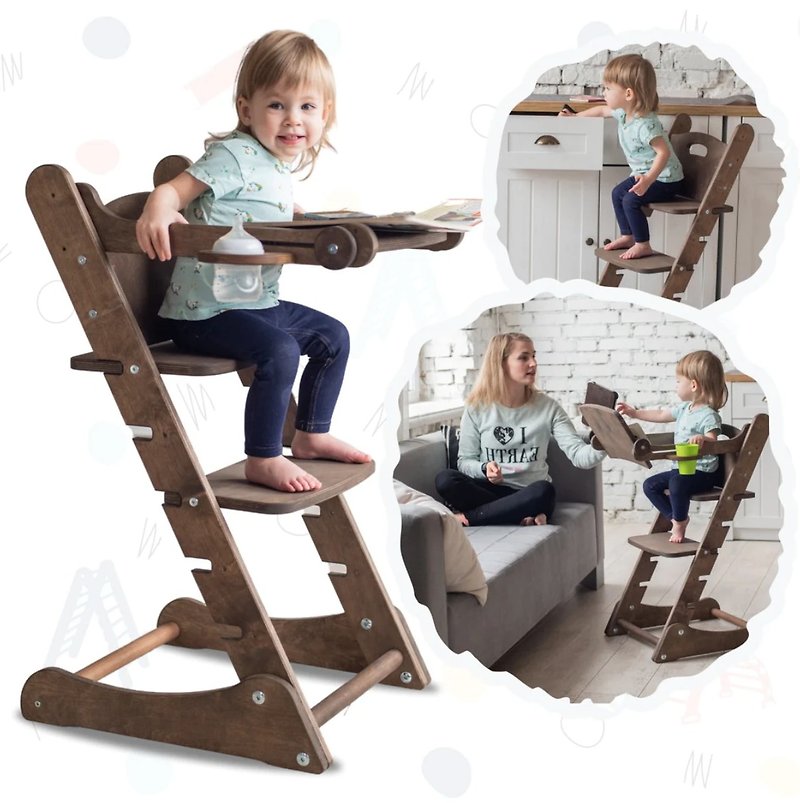 幼児用木製成長椅子 – 1歳から7歳までの就学前向けキッチンヘルパータワー - キッズ家具 - 木製 ブラウン