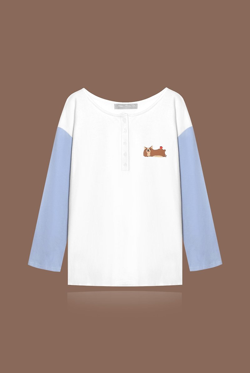[Last one] 俏 hip coco / quiet blue fight color sleeve long sleeve shirt - Women's T-Shirts - Cotton & Hemp White