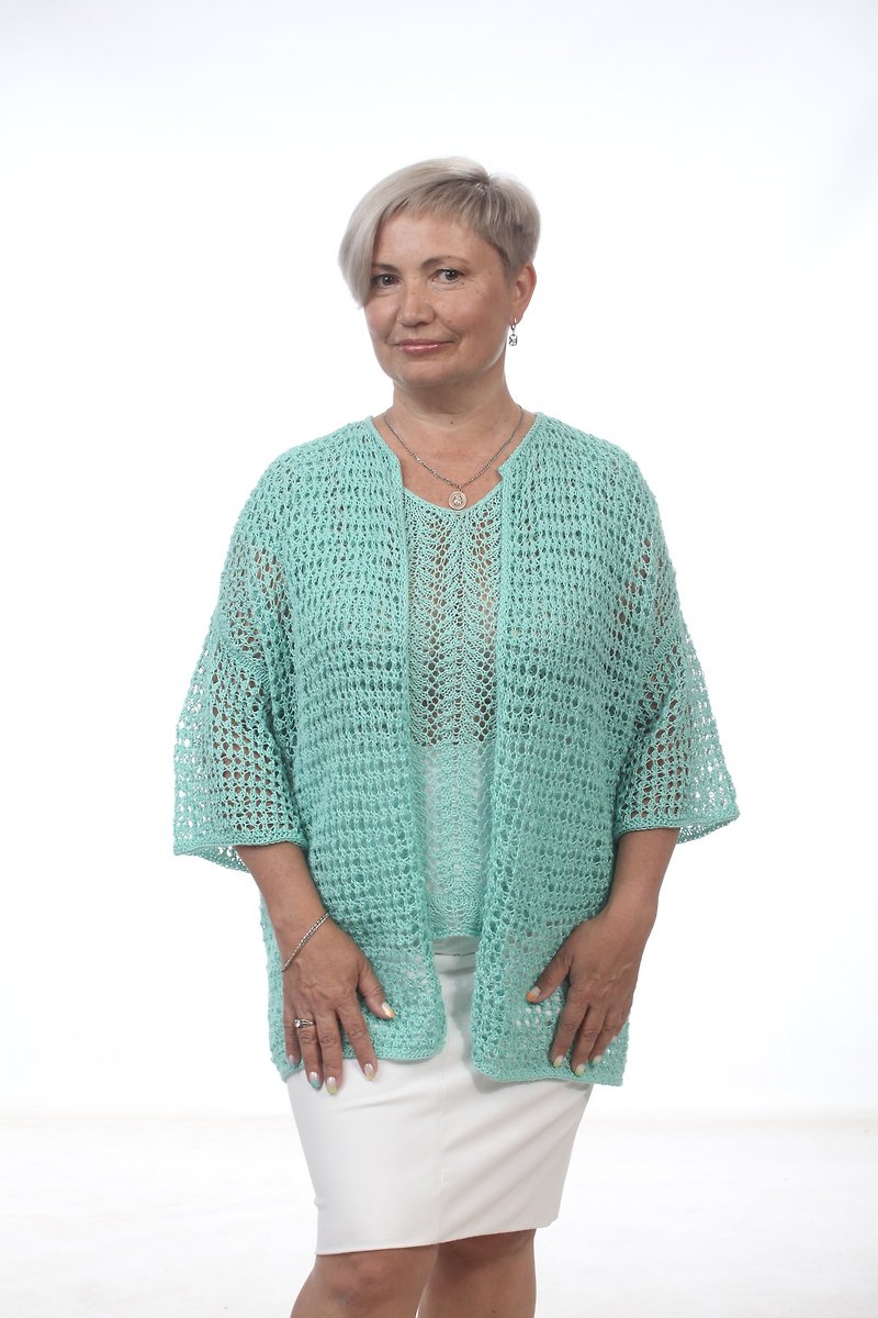 Jacket-mesh women's turquoise hand-knit linen - เสื้อแจ็คเก็ต - วัสดุอื่นๆ สีเขียว
