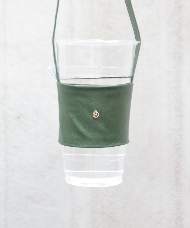 環保提袋杯套 森林綠 皮革設計款 客製專屬你的英文吊牌 - 杯袋/飲料提袋 - 真皮 