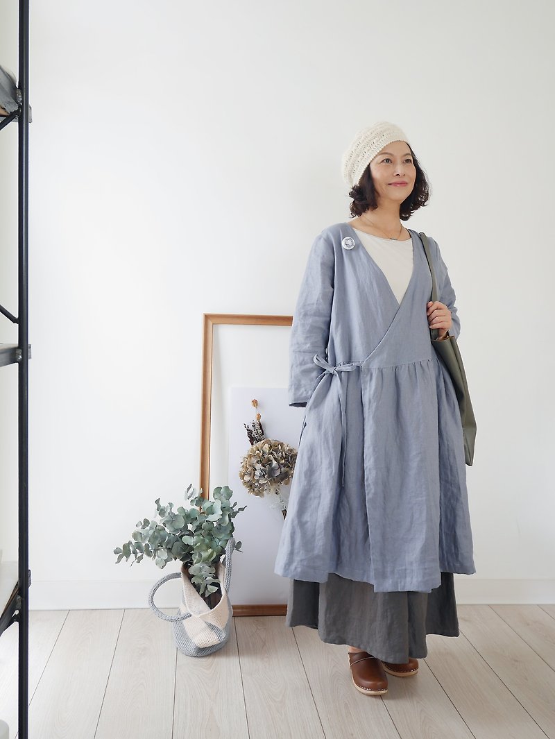 Flax front straps dress jacket optional color and fabric thickness of the production orders regardless of the season - One Piece Dresses - Cotton & Hemp Blue