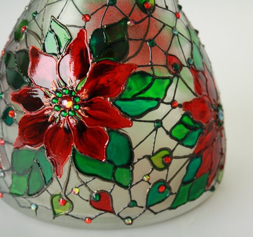 NeA Glass Decanter Poinsettia Hand painted Vase Table decor Christmas