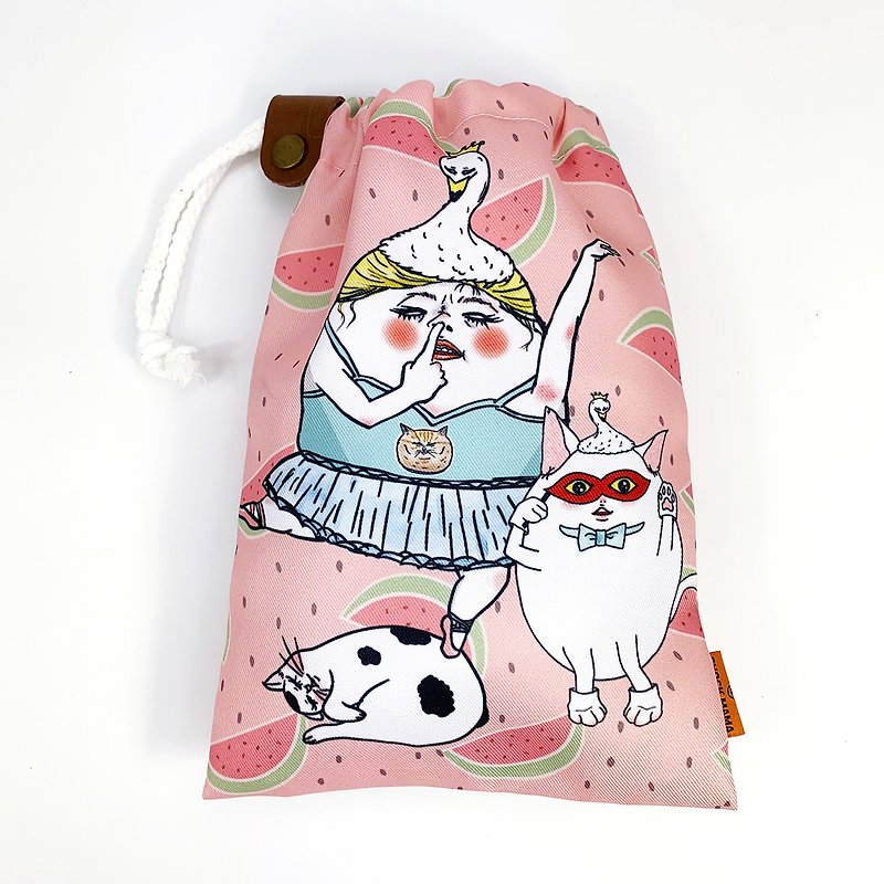 豬鼻女與貓貓 束口袋 - 化妝袋/收納袋 - 棉．麻 粉紅色